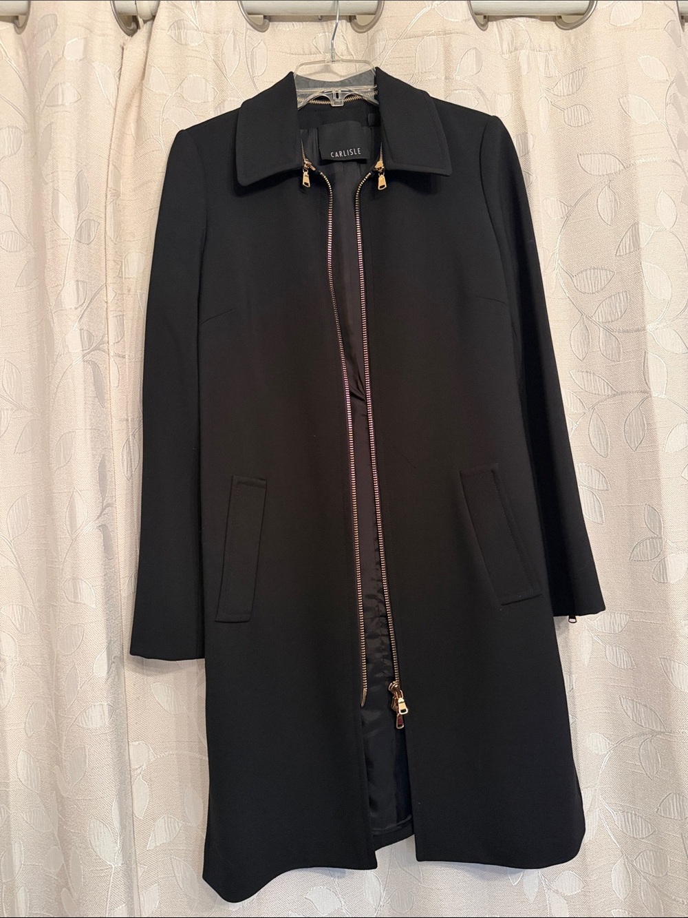 Carlisle Black Zip-Front Coat with Gold Hardware